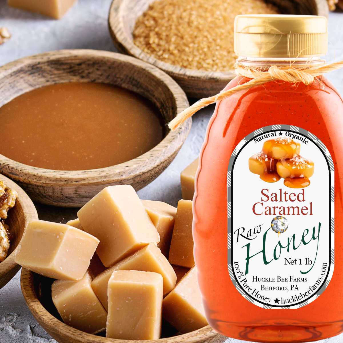 Huckle Bee Farms LLC - Salted Caramel Infused Raw Honey: 1 lb Bottle