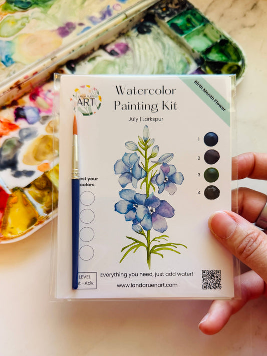 Landa Ruen Art - Larkspur Watercolor Kit | July Birth Month Flower