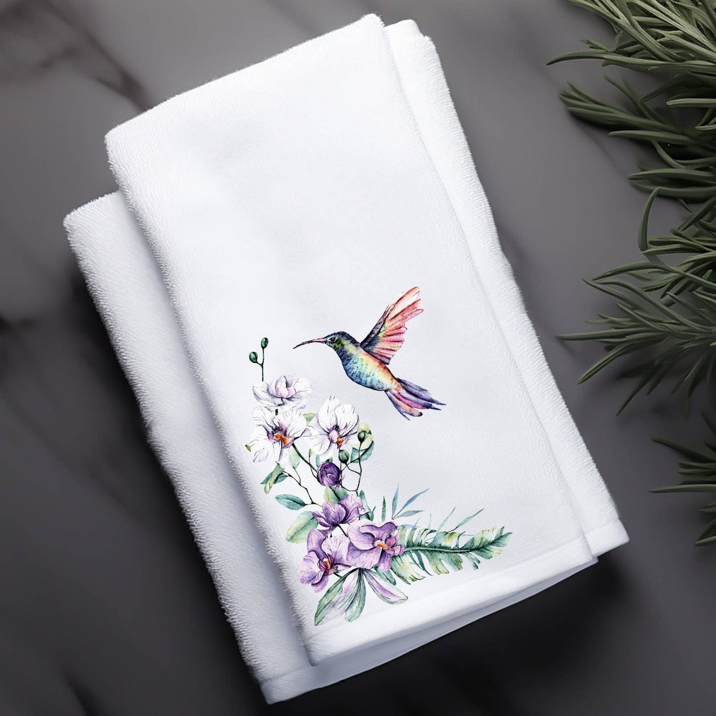 Fernville Creations - Hummingbird & Orchid Floral Finger Towel for Powder Room