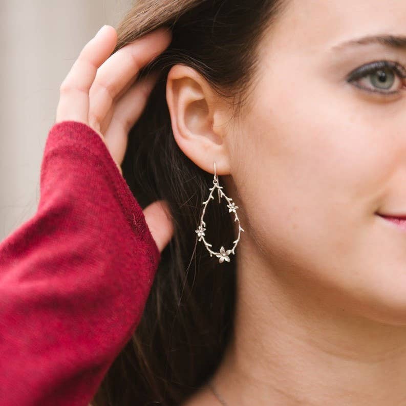 A Pocket of Posies - Twig and Flower Hoop Earrings: Matte Gold