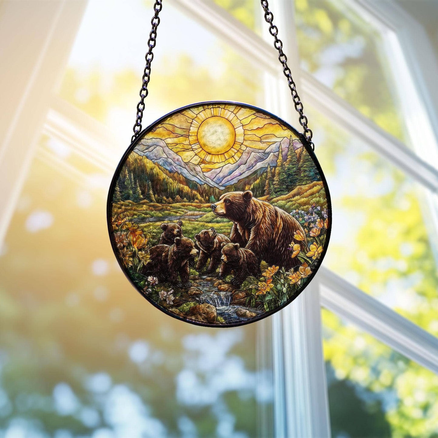 NVC Ecommerce LLC - Bear Family Stained Glass Suncatcher, Mountain Home Wall Art: 11.8in