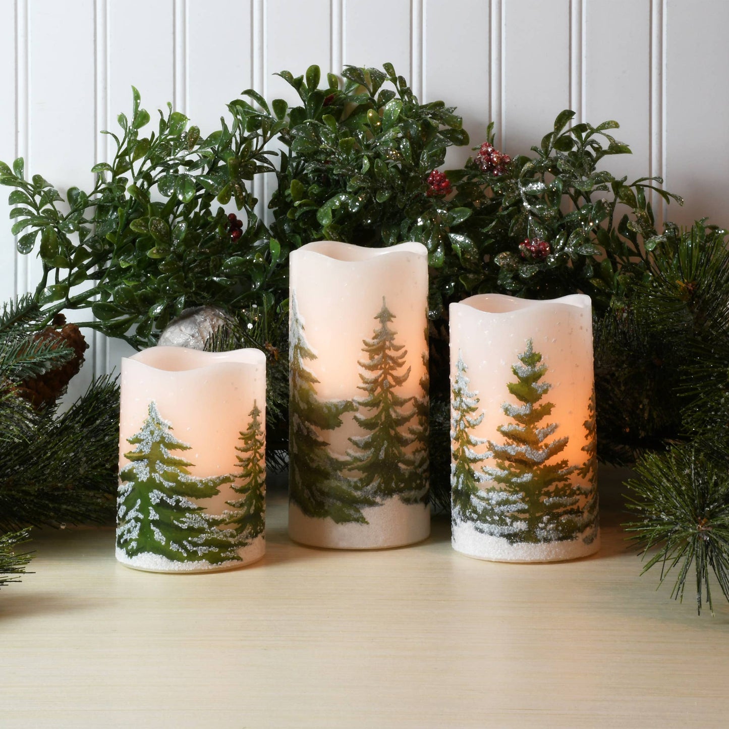 LumaBase - Battery Operated LED Wax Candles, Green Pines - Set of 3