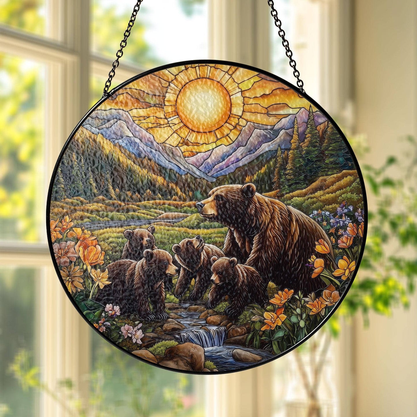 NVC Ecommerce LLC - Bear Family Stained Glass Suncatcher, Mountain Home Wall Art: 11.8in