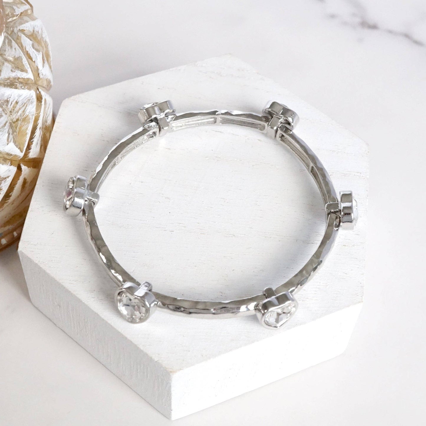 PennyLine inc - Heart Faceted Crystals Stretchy Stackable Station Bangles – Gold & Silver Tone: Gold Tone