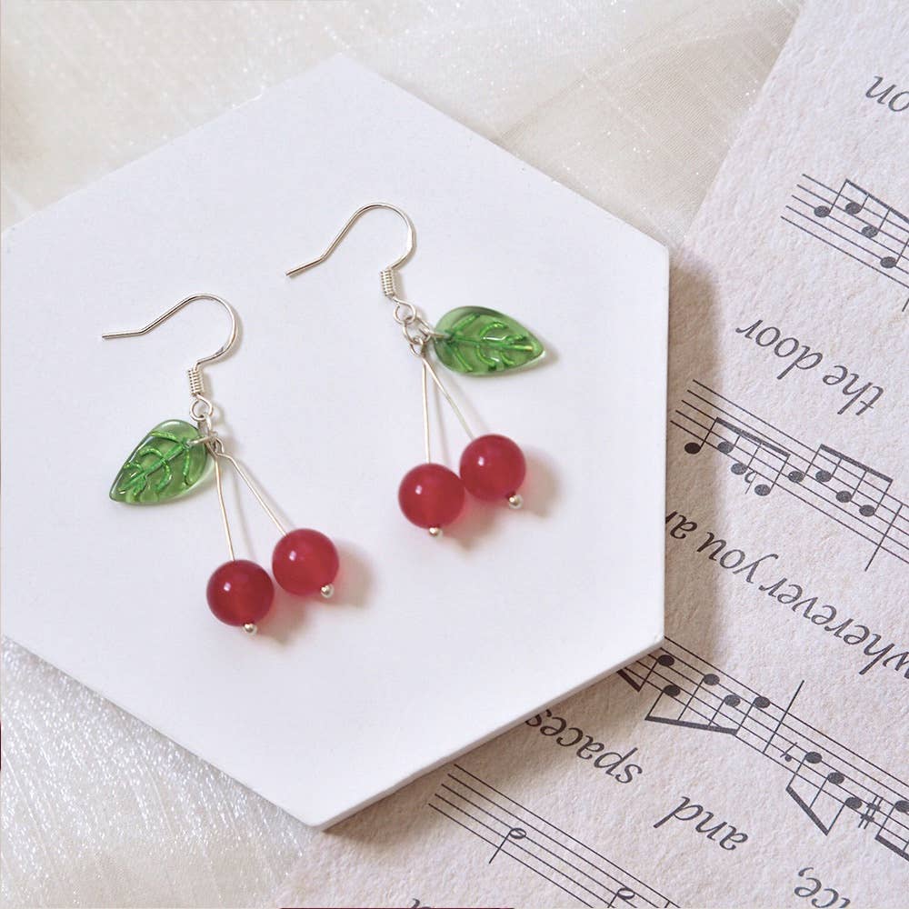 Haengseongworkshop - S925 Cherry Fruit Dangle 8mm Red Jade 15mm Leaves Earrings