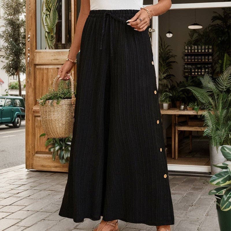 UZ Wholesale Store - Textured Black High-Waisted Wide Leg Pants: BLACK / M