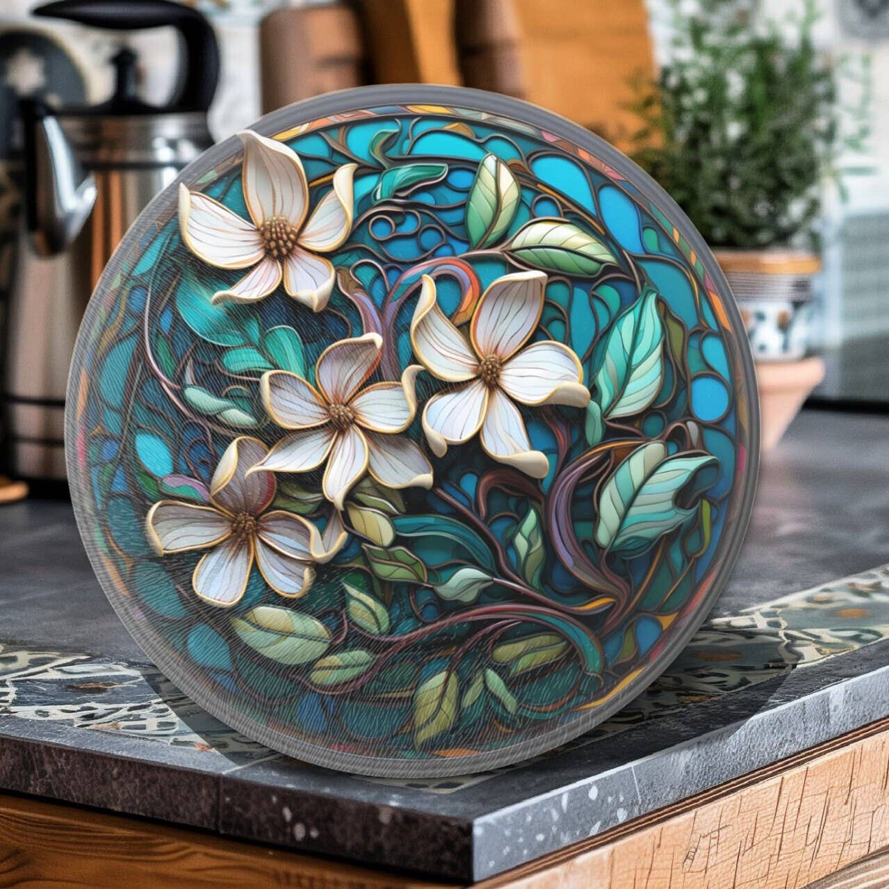 Fernville Creations - Magnolia Glass Cutting/Charcuterie Board & Kitchen Trivet: 12 Inch