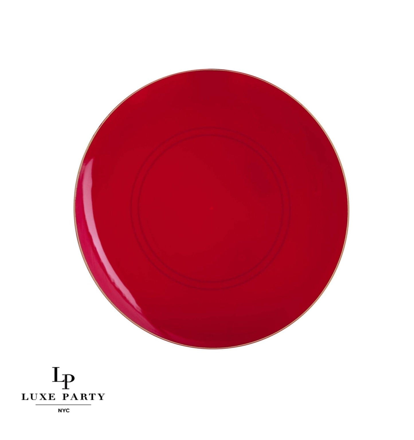 Luxe Party - Red • Gold Round Plastic Plates | 10 Pack: 10 Plastic Plates / 7.25" Appetizer Plates
