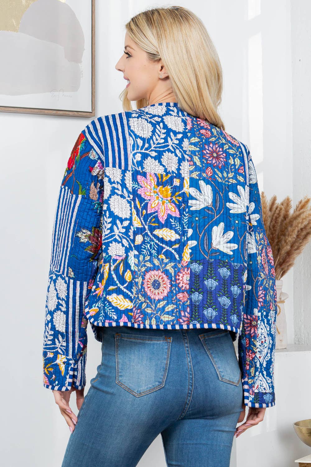 LA Soul - Floral Print Quilted Patch Cotton Jacket - Blue : XL