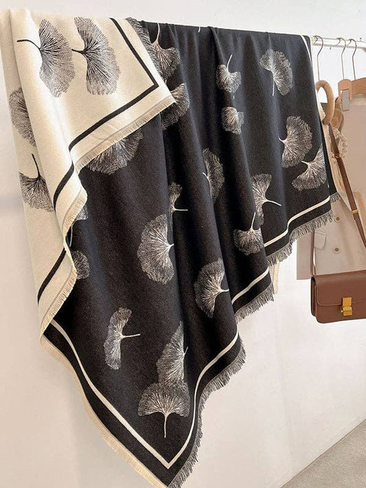 UZ Wholesale Store - Contrast Color Fringed Keep Warm Leaves Print Printed Striped Shawl&Scarf: BLACK / One_size