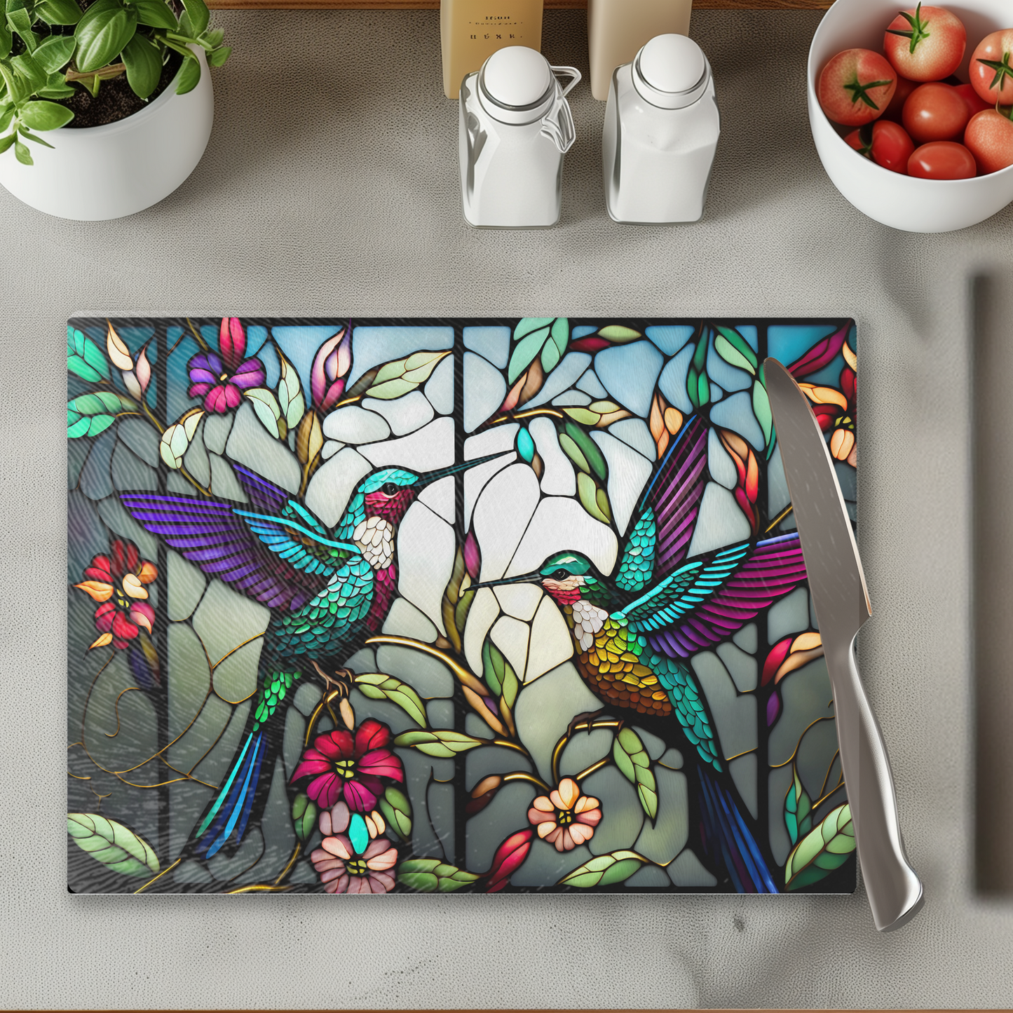 Fernville Creations - Hummingbird Tempered Glass Charcuterie & Serving Board: 11x15 inches