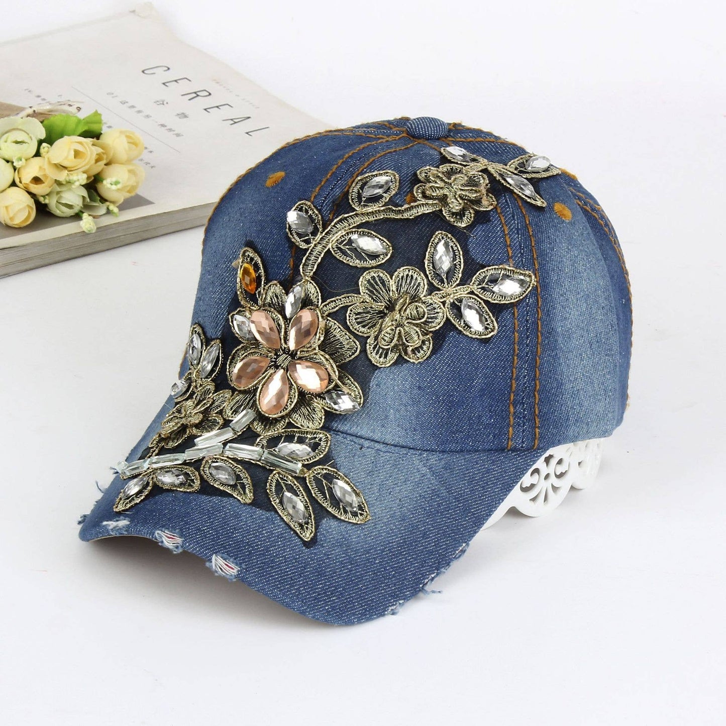 MKS America - Trendy Flower Hot Rhinestone Cowboy Baseball Cap: Blue / M