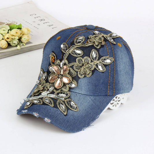MKS America - Trendy Flower Hot Rhinestone Cowboy Baseball Cap: Blue / M