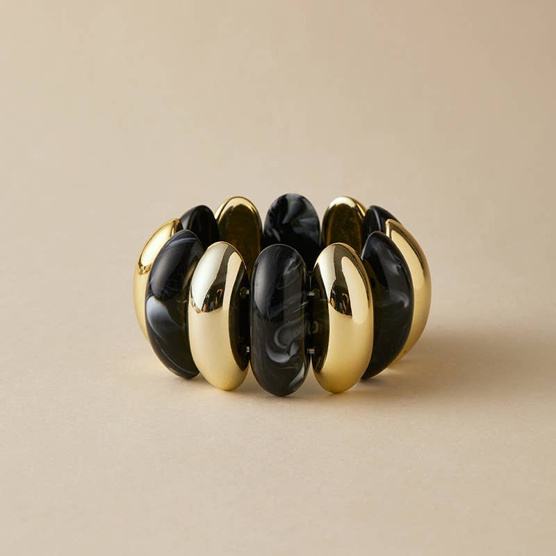 Pretty Persuasions - B25177 Bold Polyresin Oval Link Stretch Bangle Bracelet: 03 GD/BL