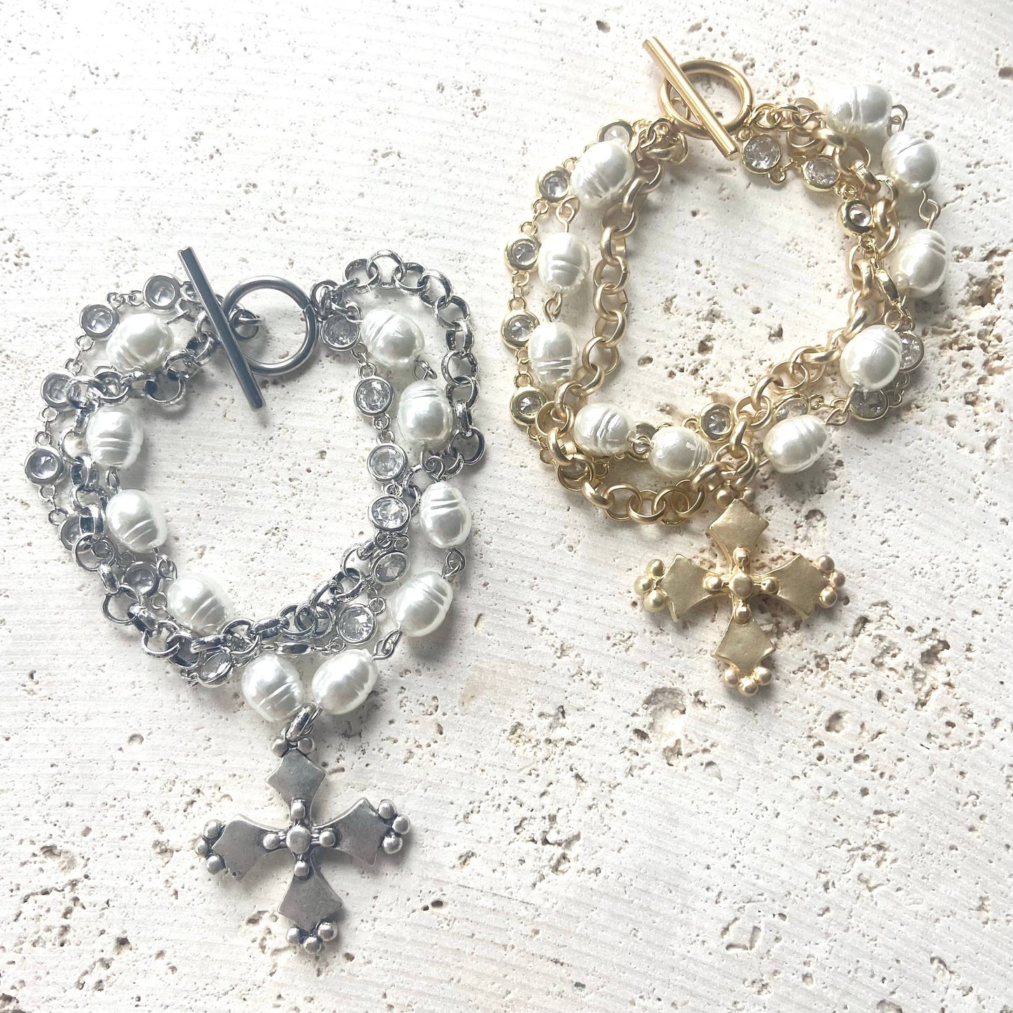 VB&CO Designs Handmade Jewelry - French vintage cross pearl matte gold jewelry: Matte gold