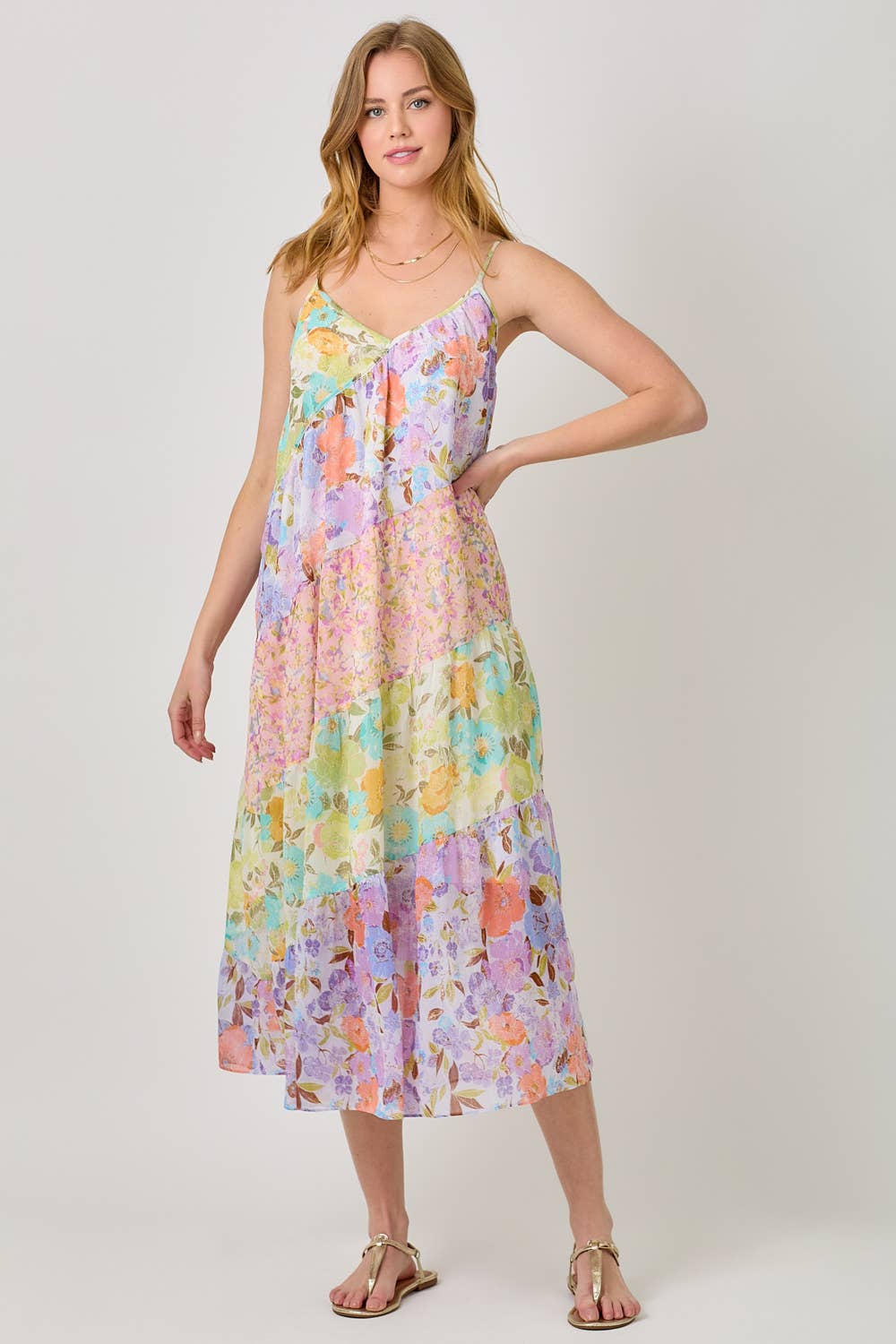 Mystree - 60071 Print Mixed Maxi Dress: Lavender Mix / Large