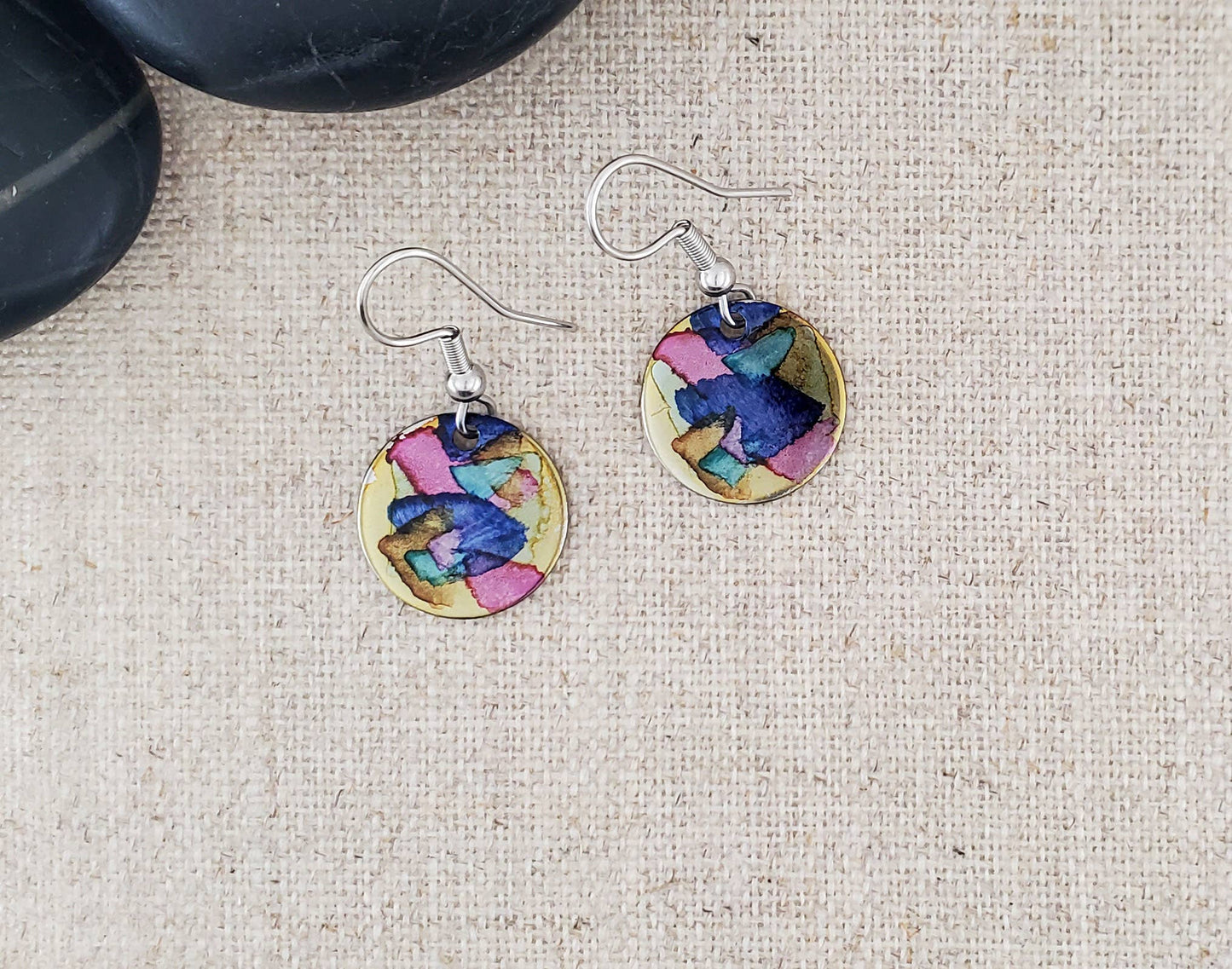 Covaly Artisan Jewelry - Alcohol Ink Stainless Steel Small Circle Earrings: Blue/Browns