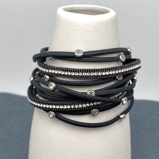 Mio Queena - Cubic Zirconia Multi-layer Leather Magnetic Buckle Bracelet - BJ: Black