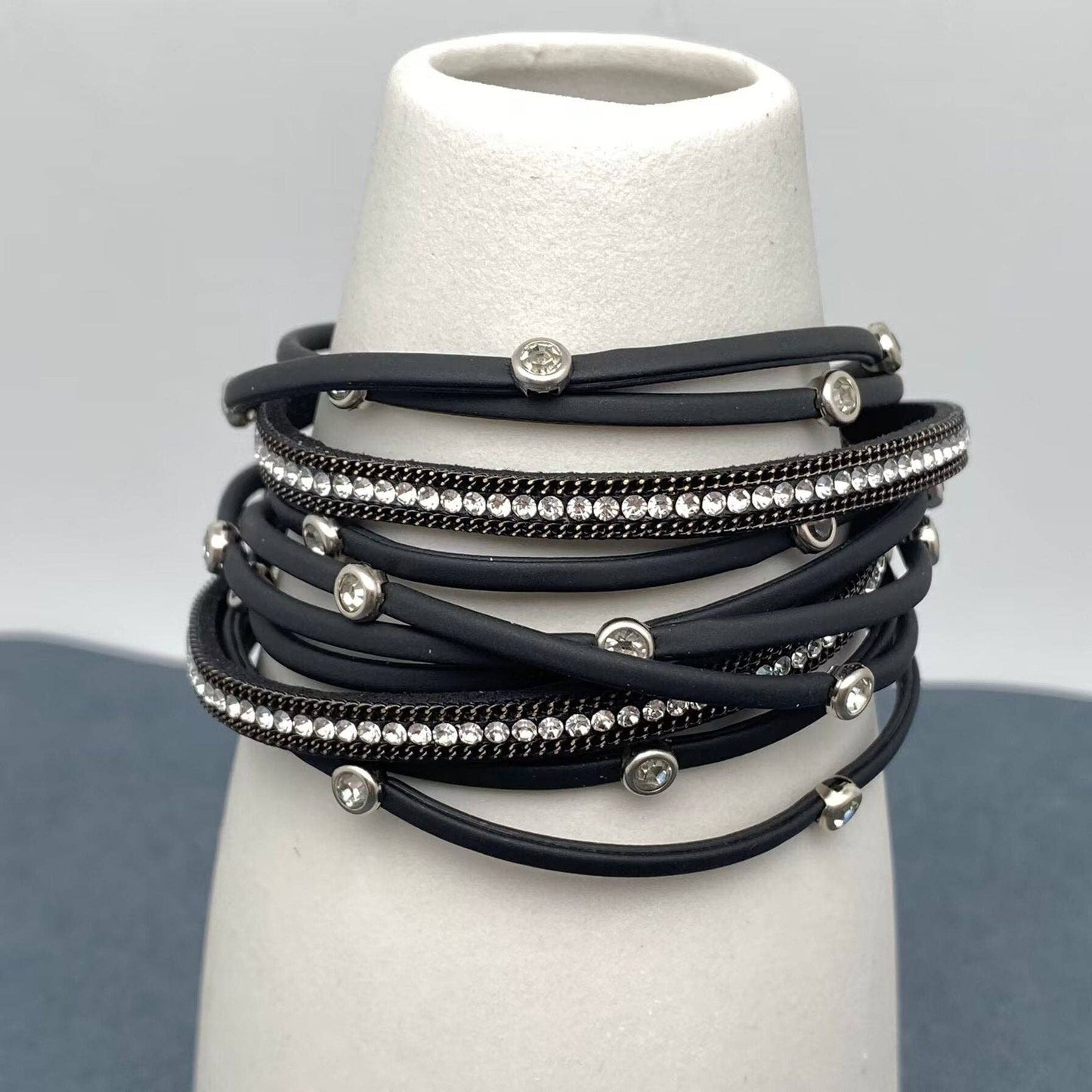 Mio Queena - Cubic Zirconia Multi-layer Leather Magnetic Buckle Bracelet - BJ: Coffee