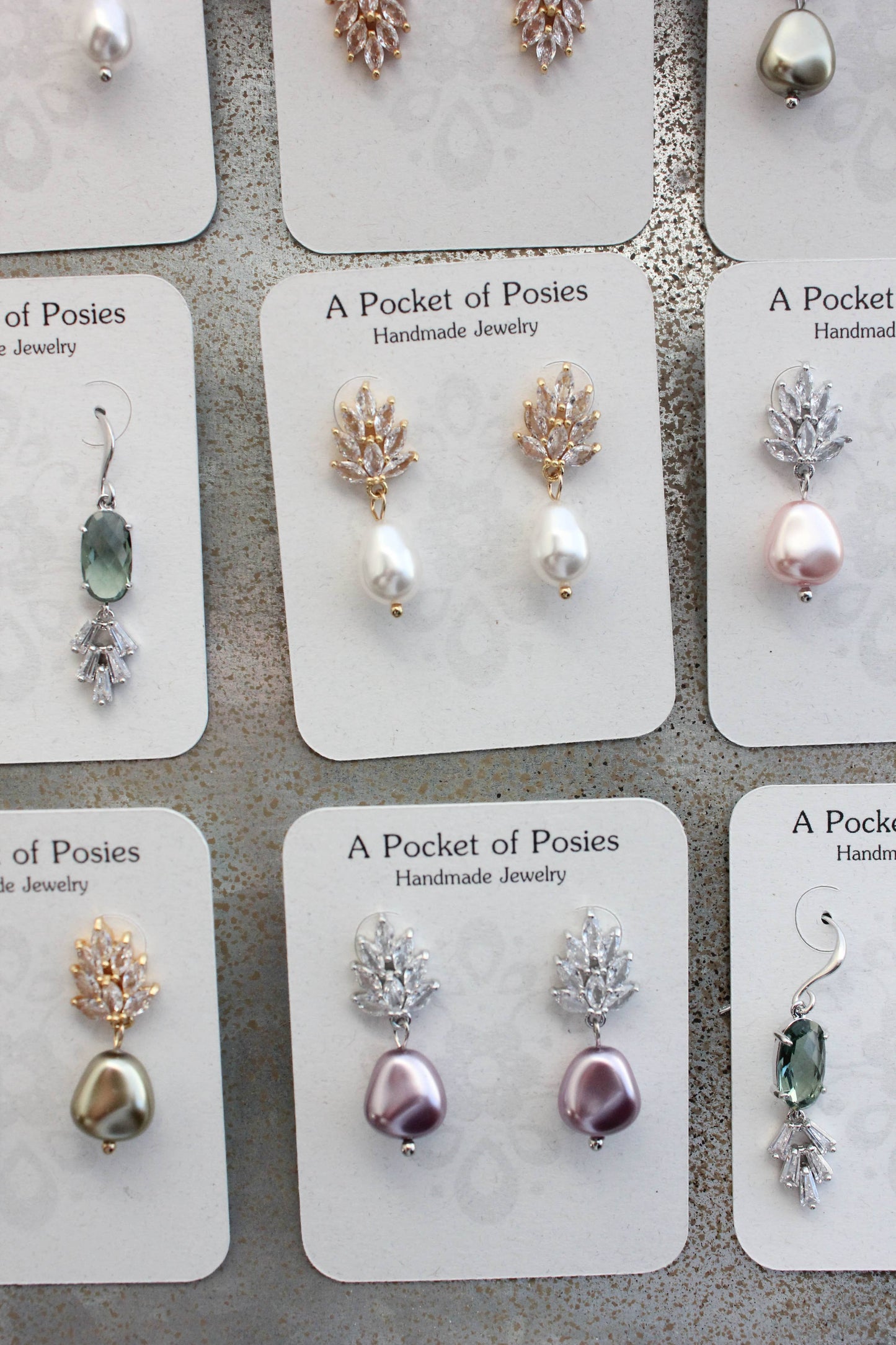 A Pocket of Posies - Glass Leaf Post Earrings - Pearl Drop: Silver Plated / White/Teardrop