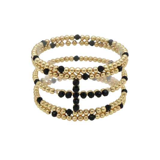 What's Hot - Gold Beaded and Black Cross Set of 5 Stretch Bracelets