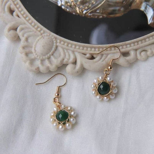 Haengseongworkshop - Gold Vintage Style 8mm Green Agate Jade 3-4mm Baroque Freshwater Pearls Earrings