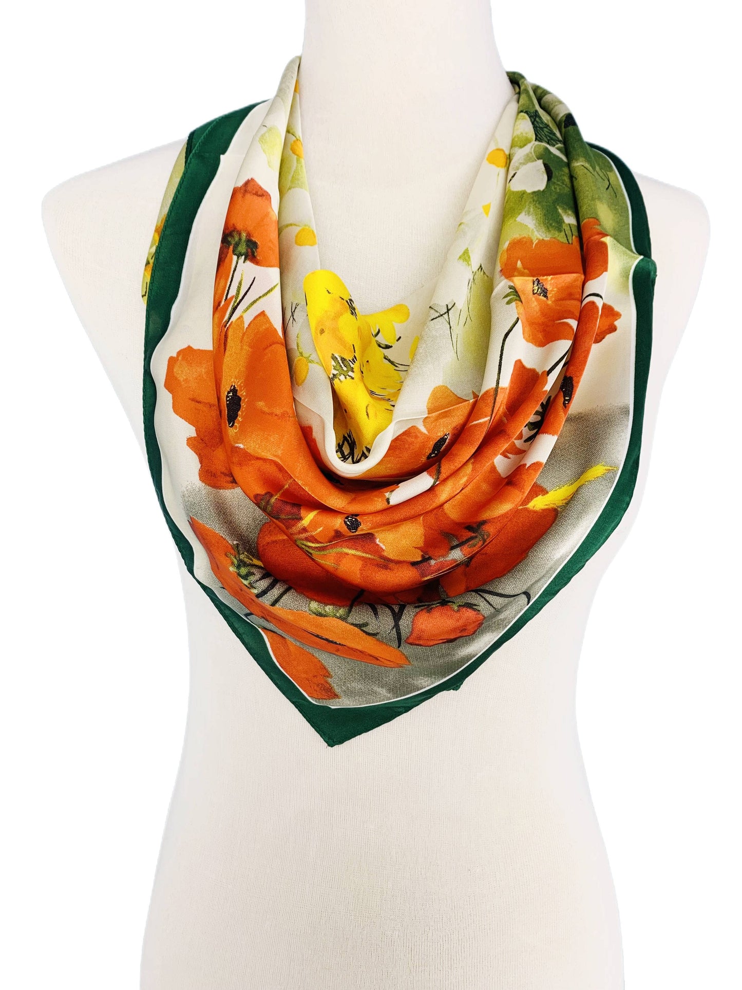 JC Sunny Fashion - JC0707002 Luxurious Silk-Feel Square Scarf--Green-Red Floral