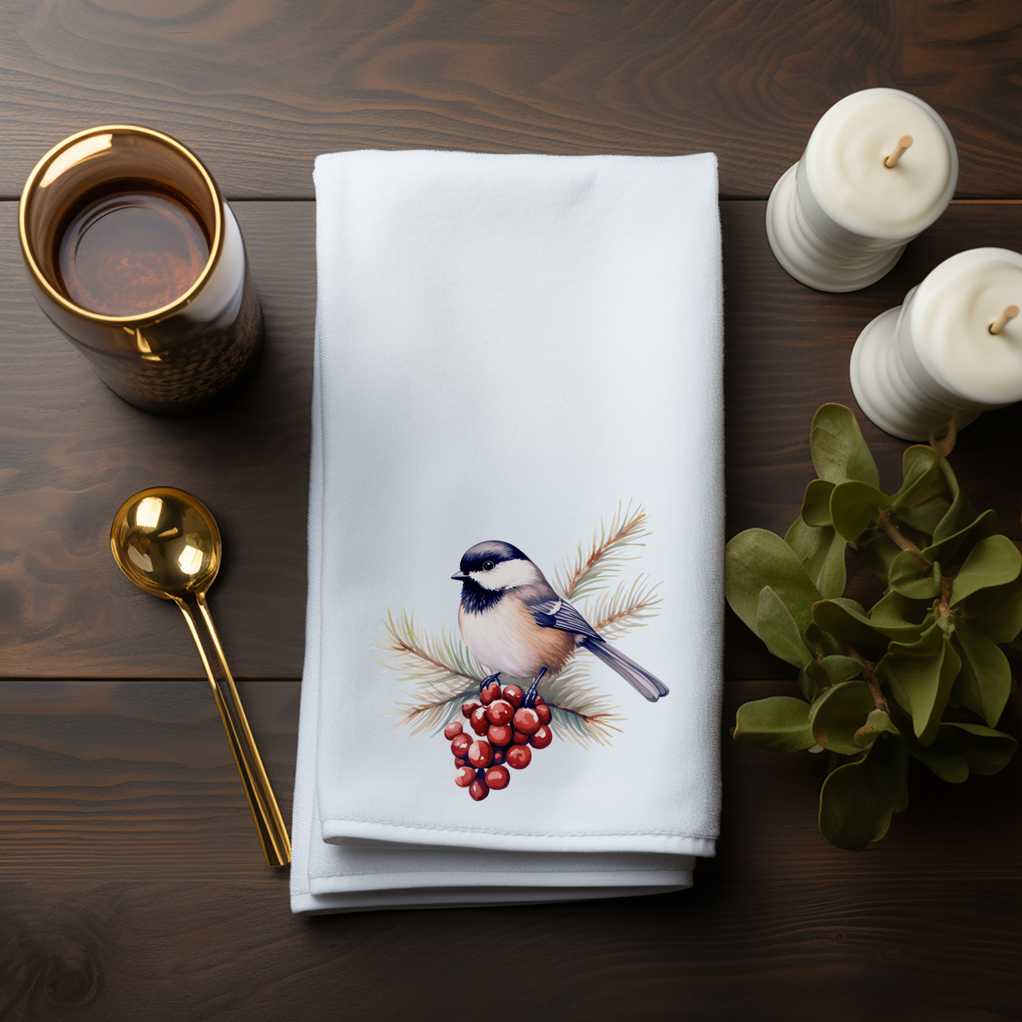 Fernville Creations - Elegant Chickadee & Greens Polyester/Cotton Fingertip Towel