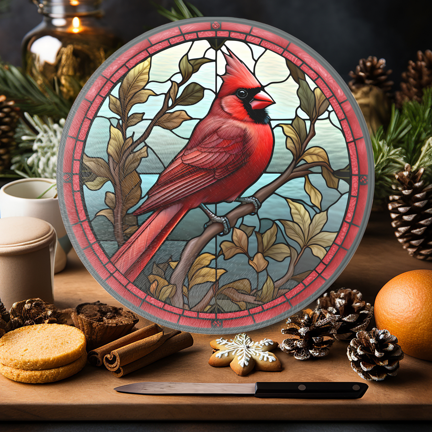Fernville Creations - Glass Cardinals Cutting & Serving Board, Charcuterie Tray: 12 - Inch