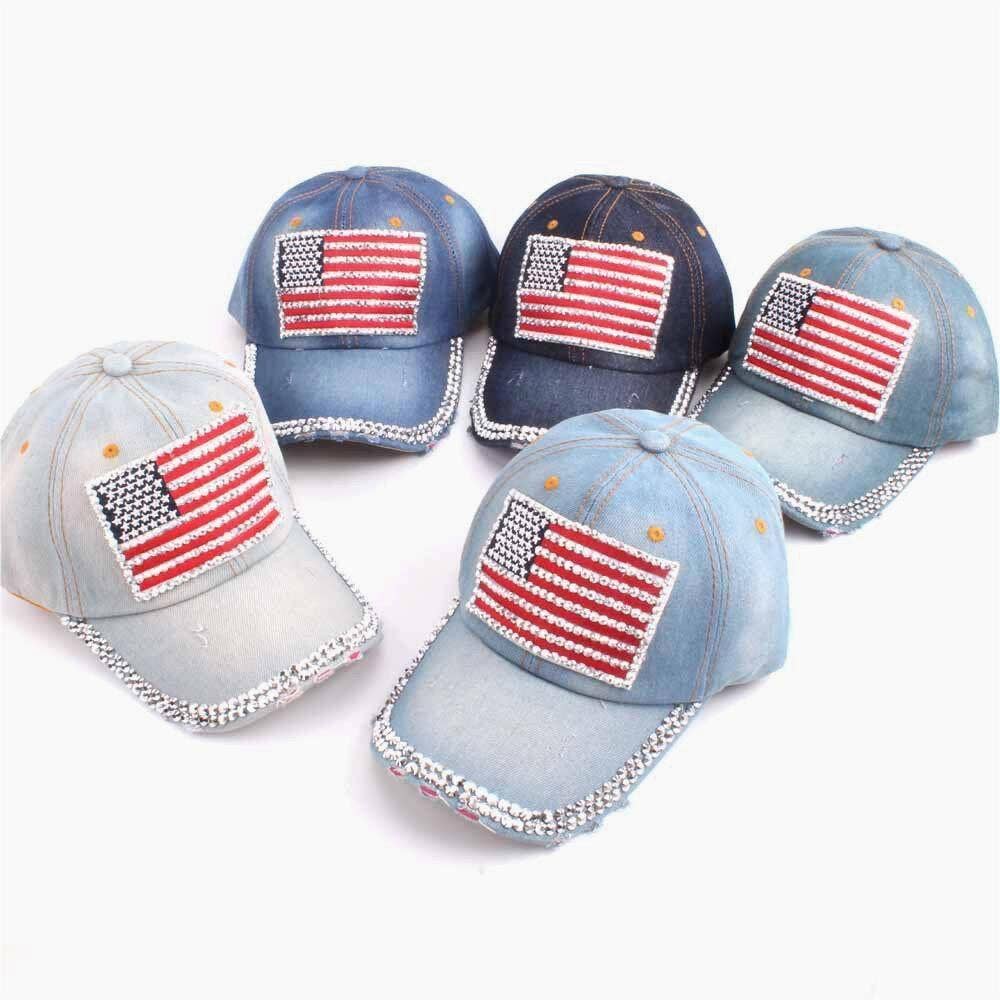 MKS America - Fourth of July American flag denim baseball cap: Mblue / M