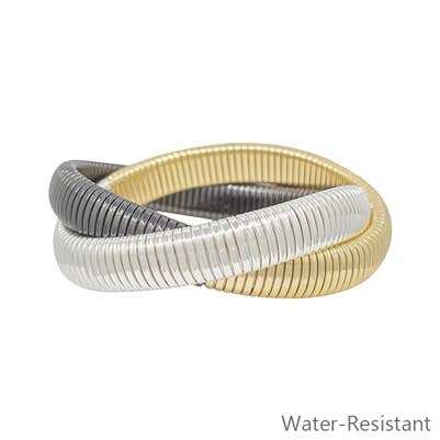 What's Hot - Water Resistant Gold, Silver & Black Ribbed Twisted Bracelet