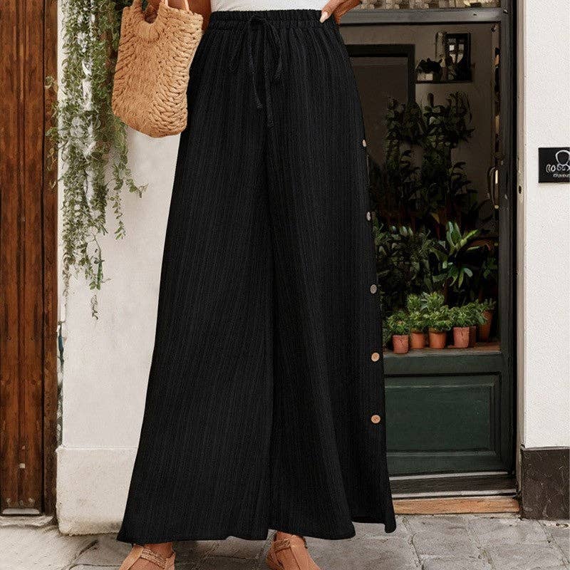 UZ Wholesale Store - Textured Black High-Waisted Wide Leg Pants: BLACK / XL