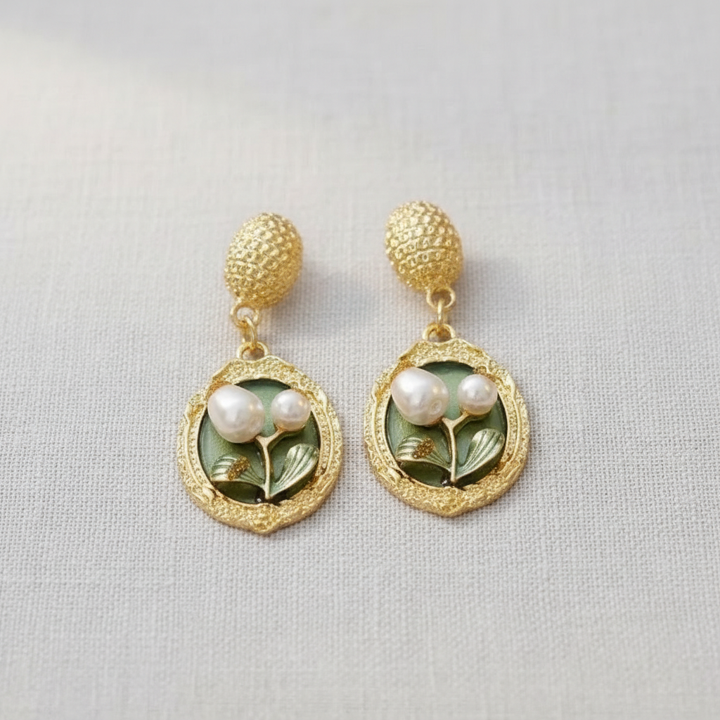 camilla dovey - Vintage Green Floral Pearl Earrings