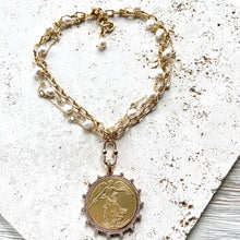 Load image into Gallery viewer, VB&amp;CO Designs Handmade Jewelry - Angel coin medallion necklace pearl gold jewelry crystal: Gold