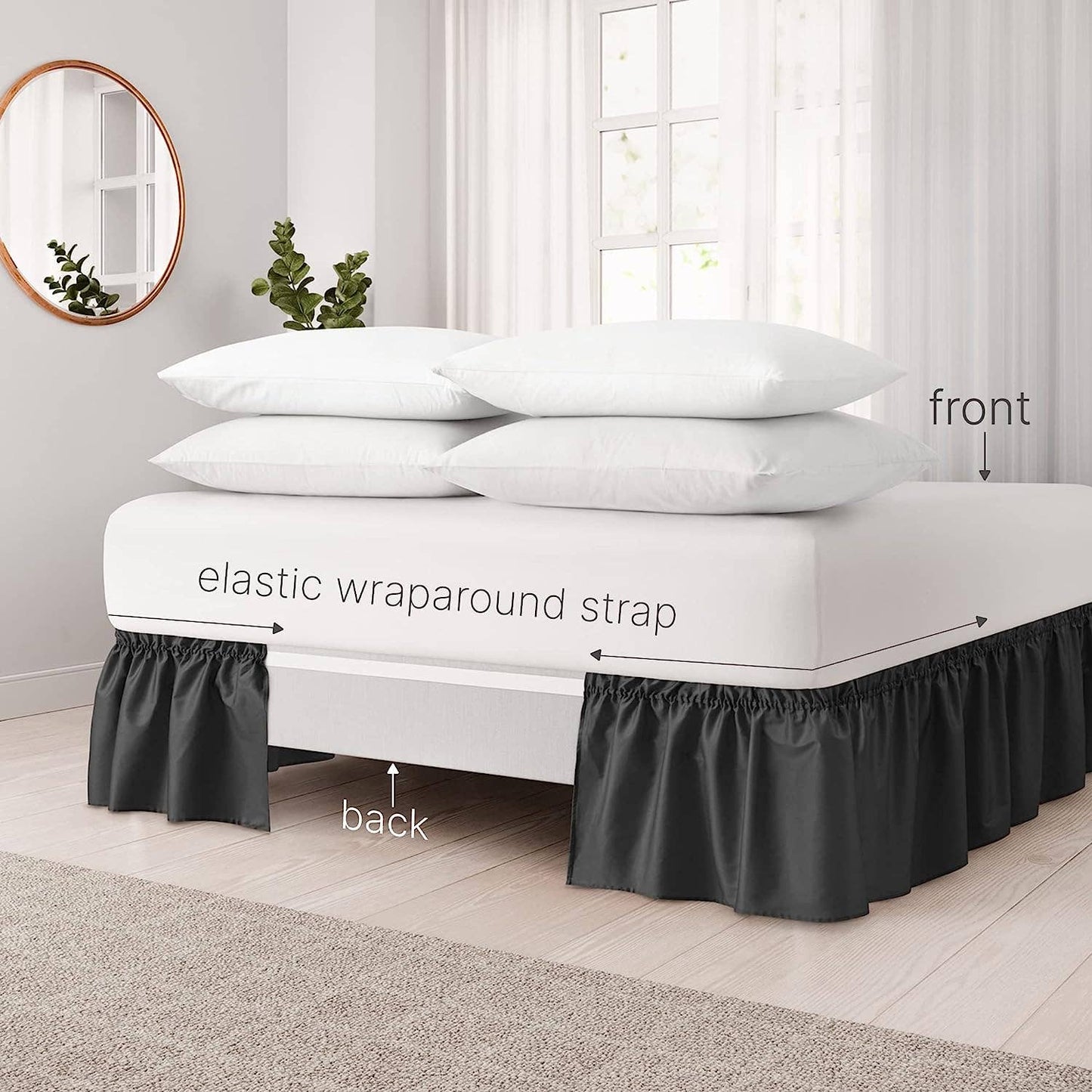 CGK Unlimited - Elastic Wrap-Around Dust Ruffled Bed Skirt- Pleated 12" Drop: Gray / Queen