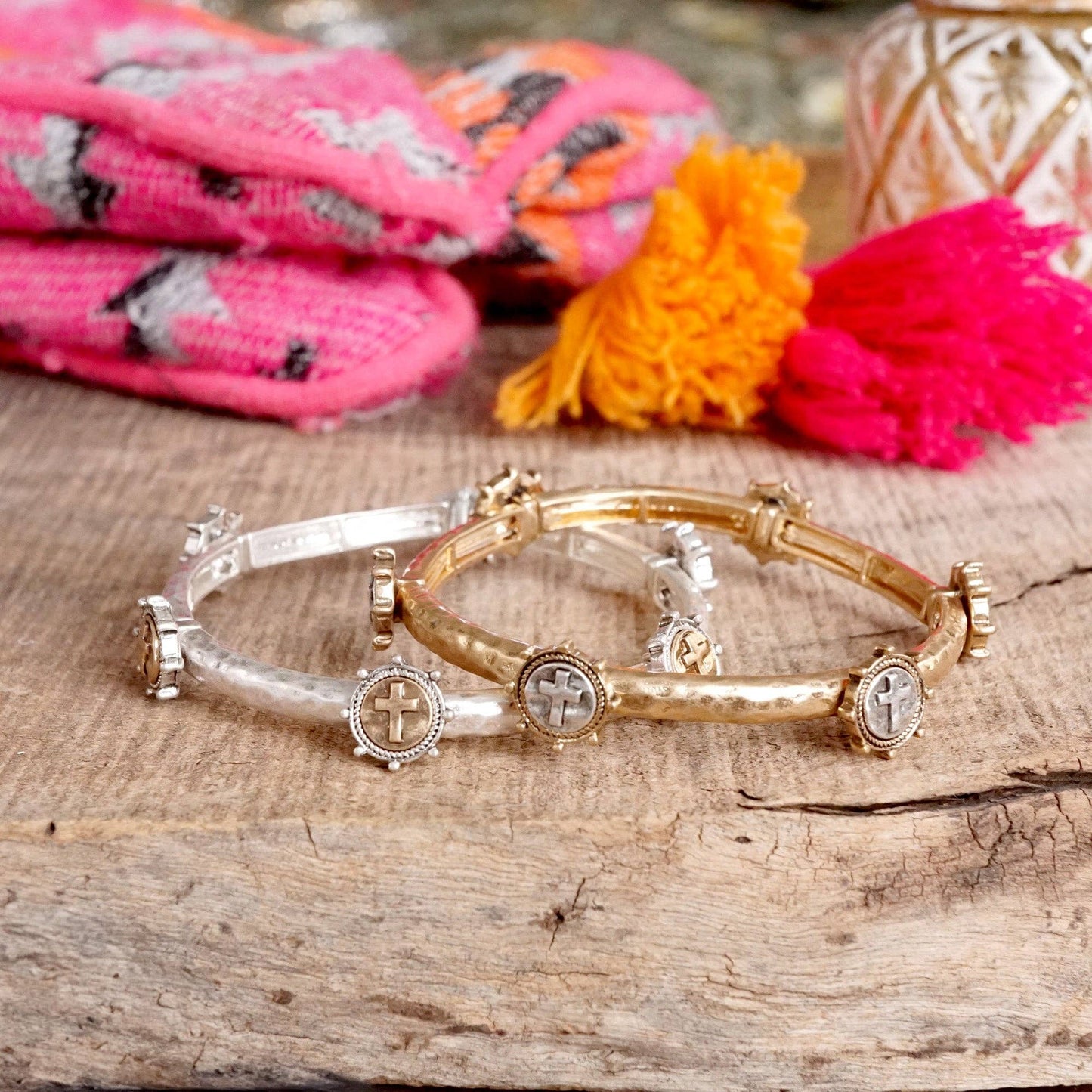 PennyLine inc - Cross Coin Bangle in Worn Silver or Gold Tone: Silver Tone