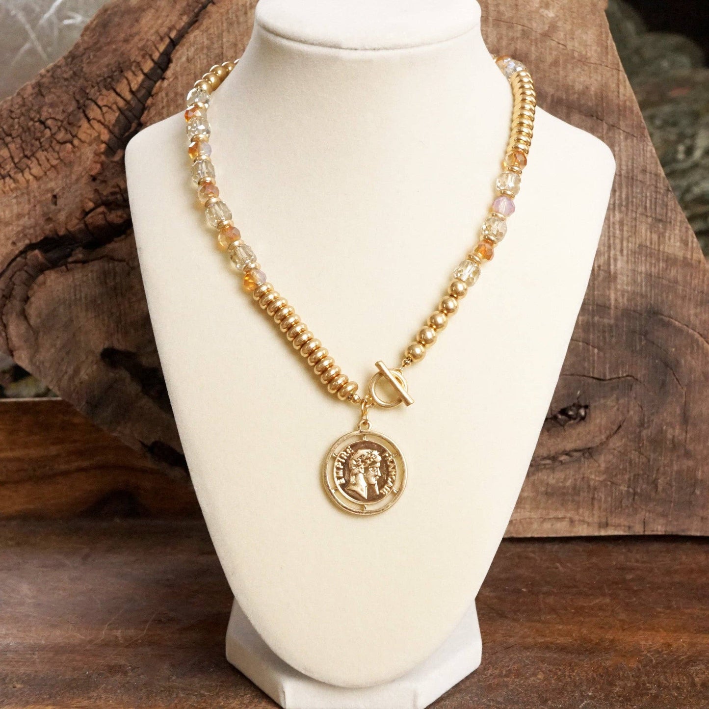 PennyLine inc - Front Toggle Coin Beaded Necklace With Glass and Golden Beads: Neutral