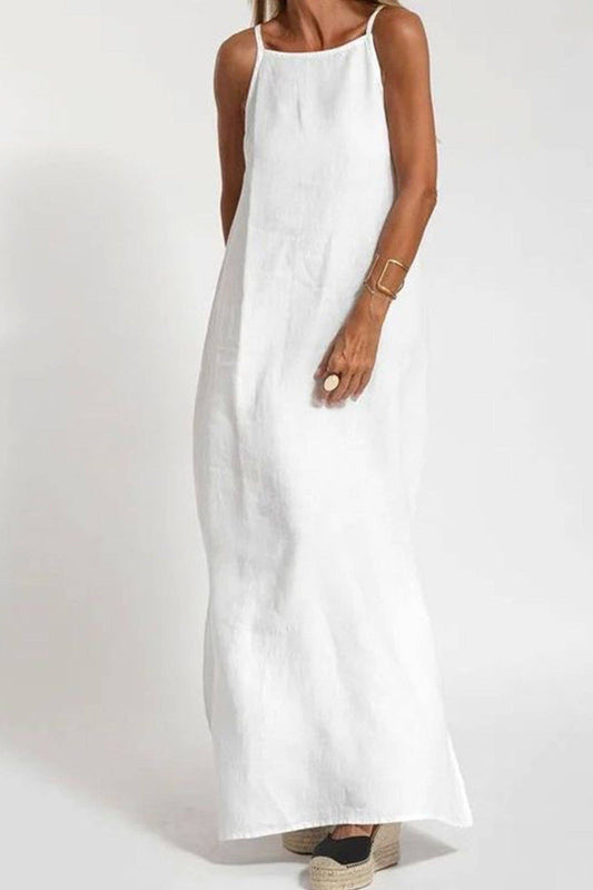 Elanora - Cotton Linen Slit Cami Dress: White / XL