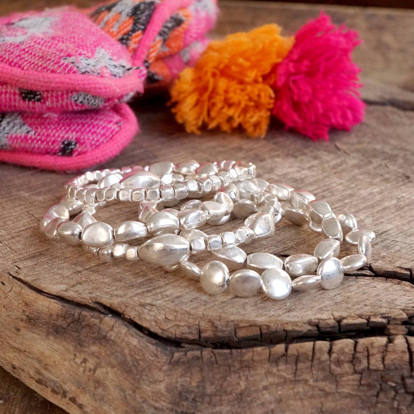 PennyLine inc - Boho Gold and silver Beaded Bracelets stack of 5: Worn Gold Tone