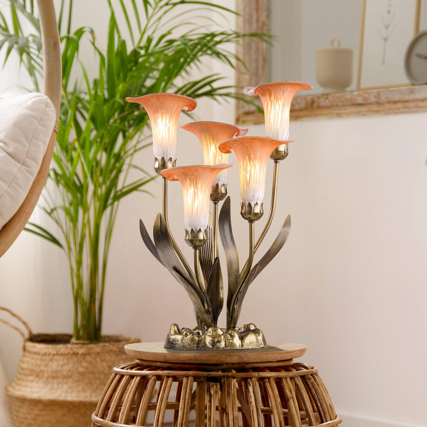 River of Goods - 20"H Peach Hand Blown Glass 5 Calla Lily Uplight Accent Lamp