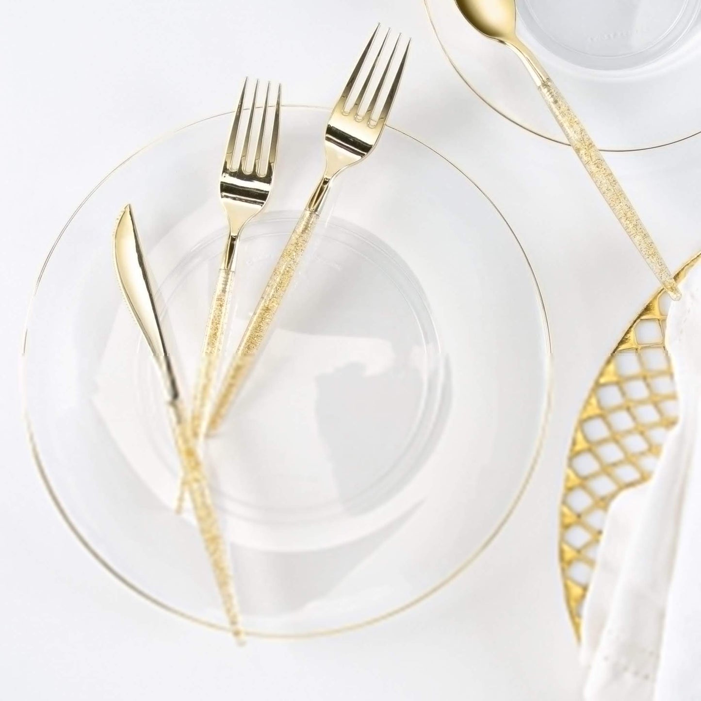 Luxe Party - Round Clear • Gold Plastic Plates | 10 Pack: 10 Plastic Pates / 10.25" Dinner Plates