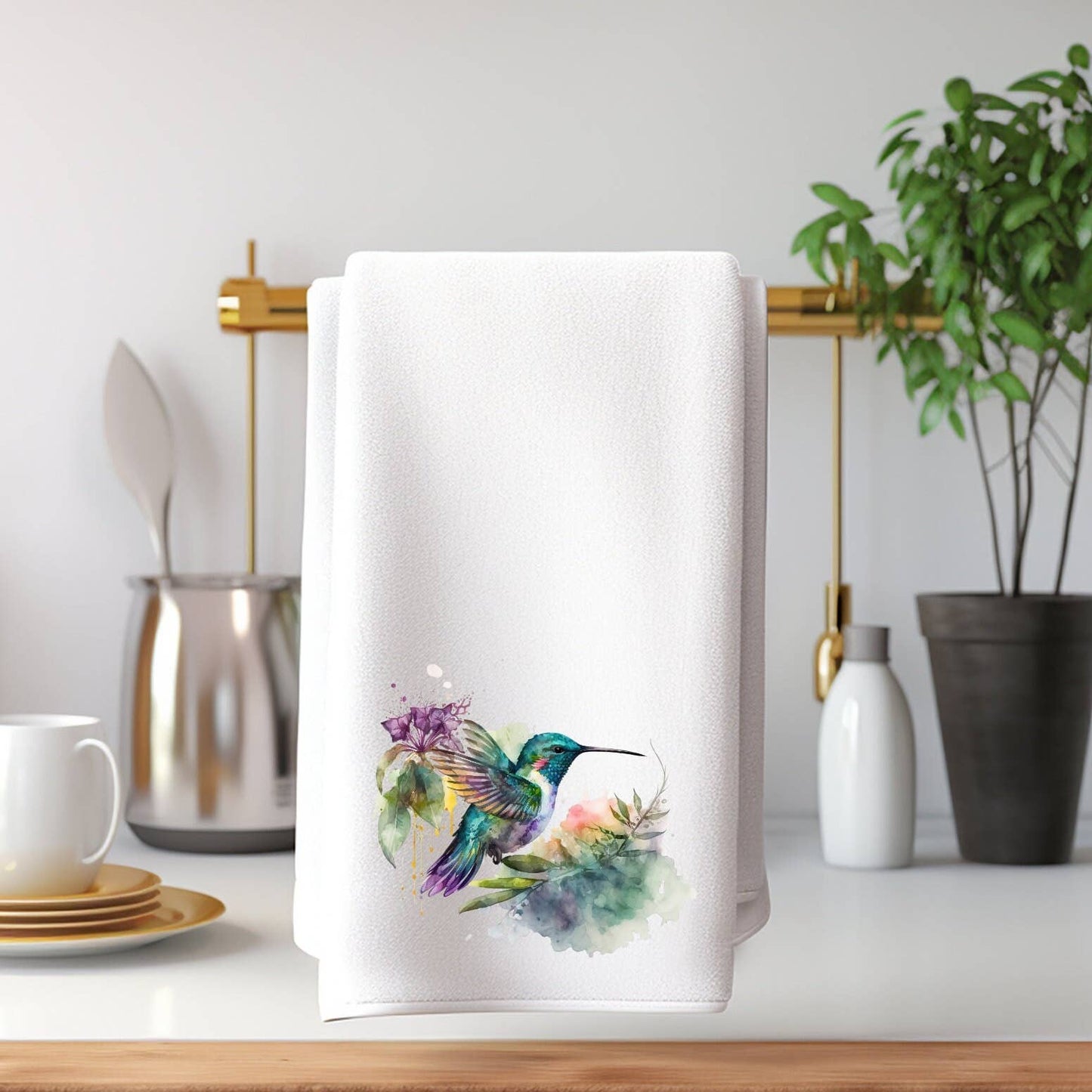 Fernville Creations - Hummingbird Watercolor Art Luxury Bathroom Hand Towel