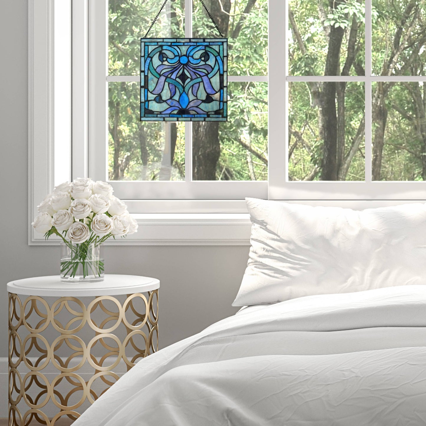 River of Goods - 12"H Ilsa Blue, Purple & Green  Stained Glass Window Panel