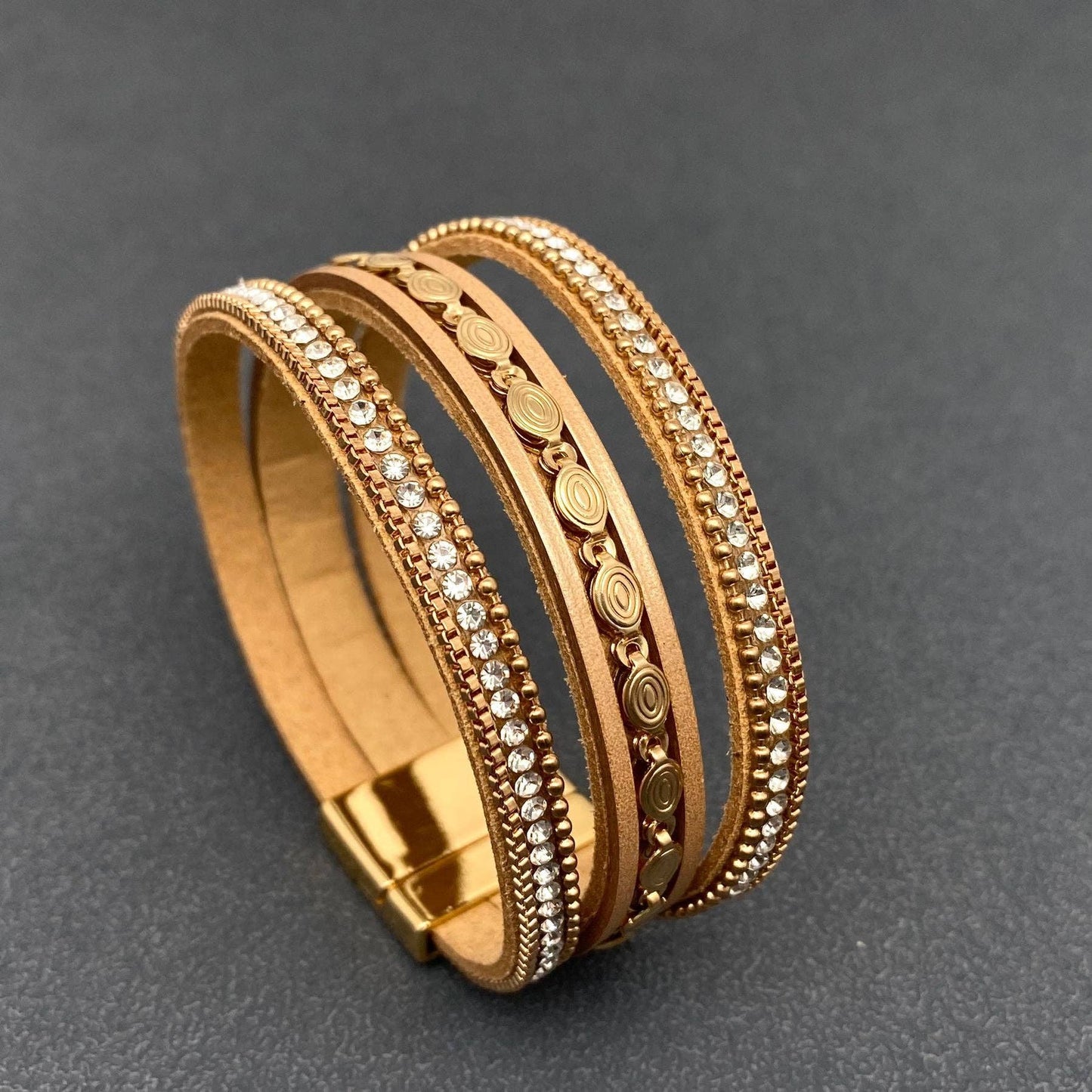 Mio Queena - LB - Sparkling Rhinestone & Leather Triple-Layer Boho Bracelet: Brown