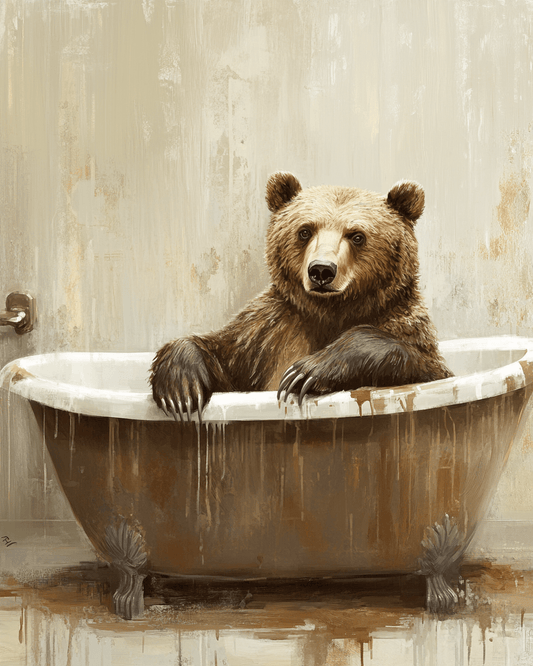 Mowbi - Big Bear in Bathtub - Bathroom Wall Art Prints – 8″x10″ Artwork for 11″x14″ Frame