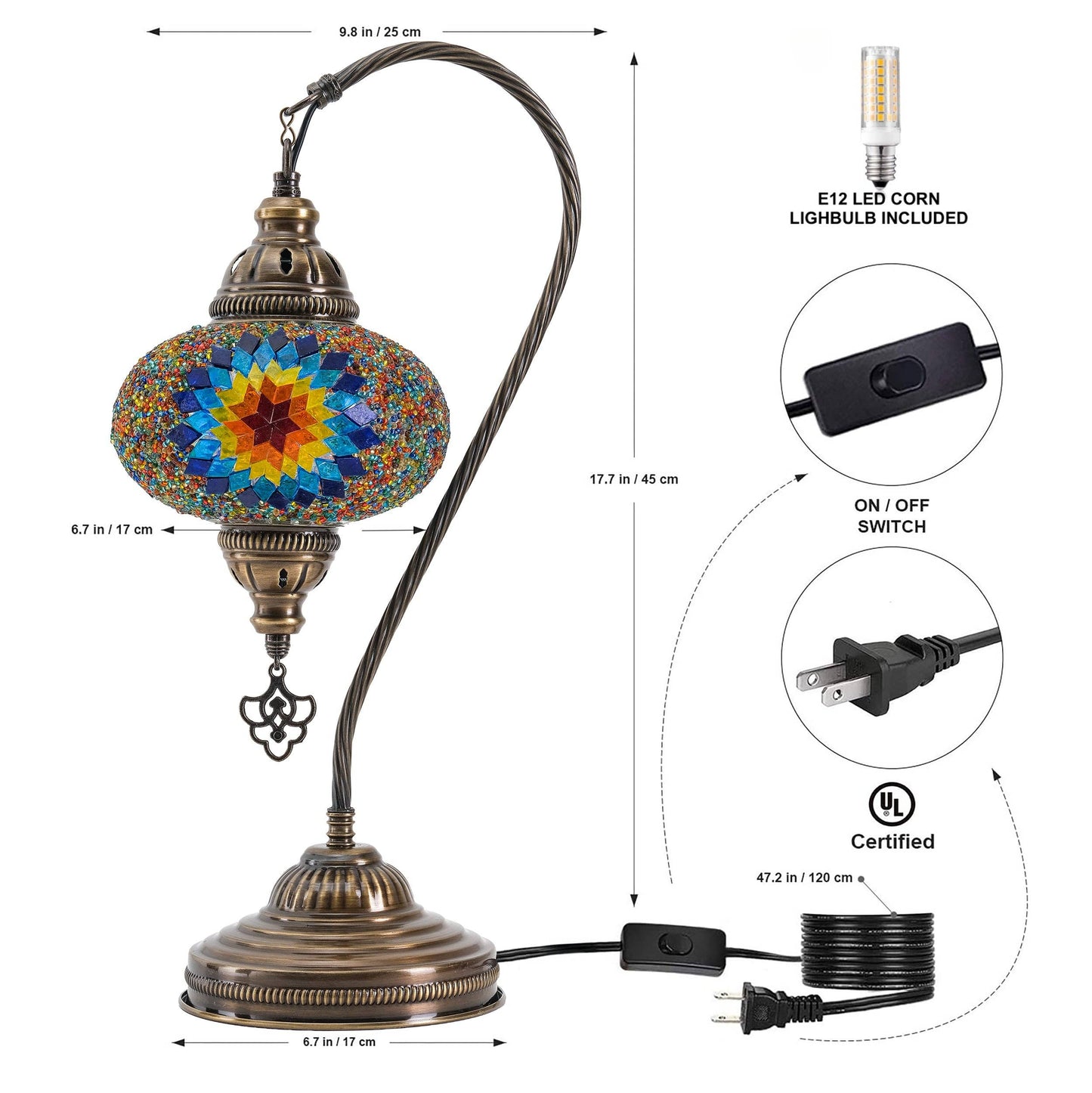 Mozaist LLC - Mozaist Handmade Turkish Mosaic Swan Table Lamp Rainbow