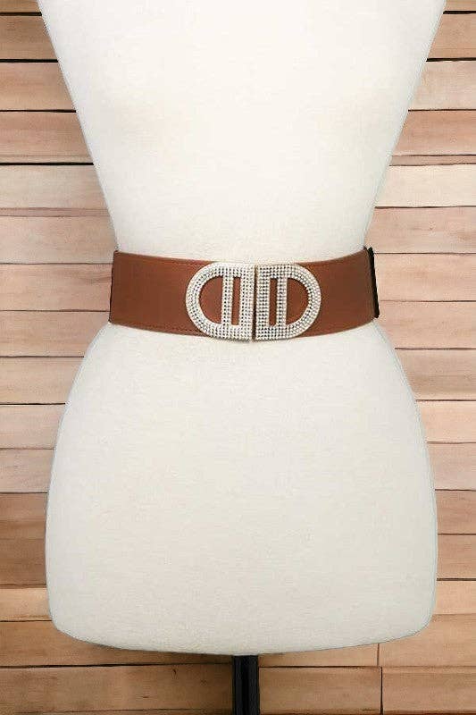 Andrea Bijoux - Rhinestone Buckle Pave Fashion Stretch Belt: Brown / One Size