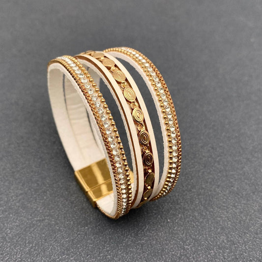 Mio Queena - LB - Sparkling Rhinestone & Leather Triple-Layer Boho Bracelet: White