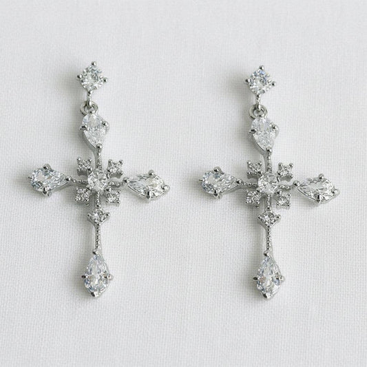 Ellemadera - Vintage Cross Design Gemstone Drop Earrings