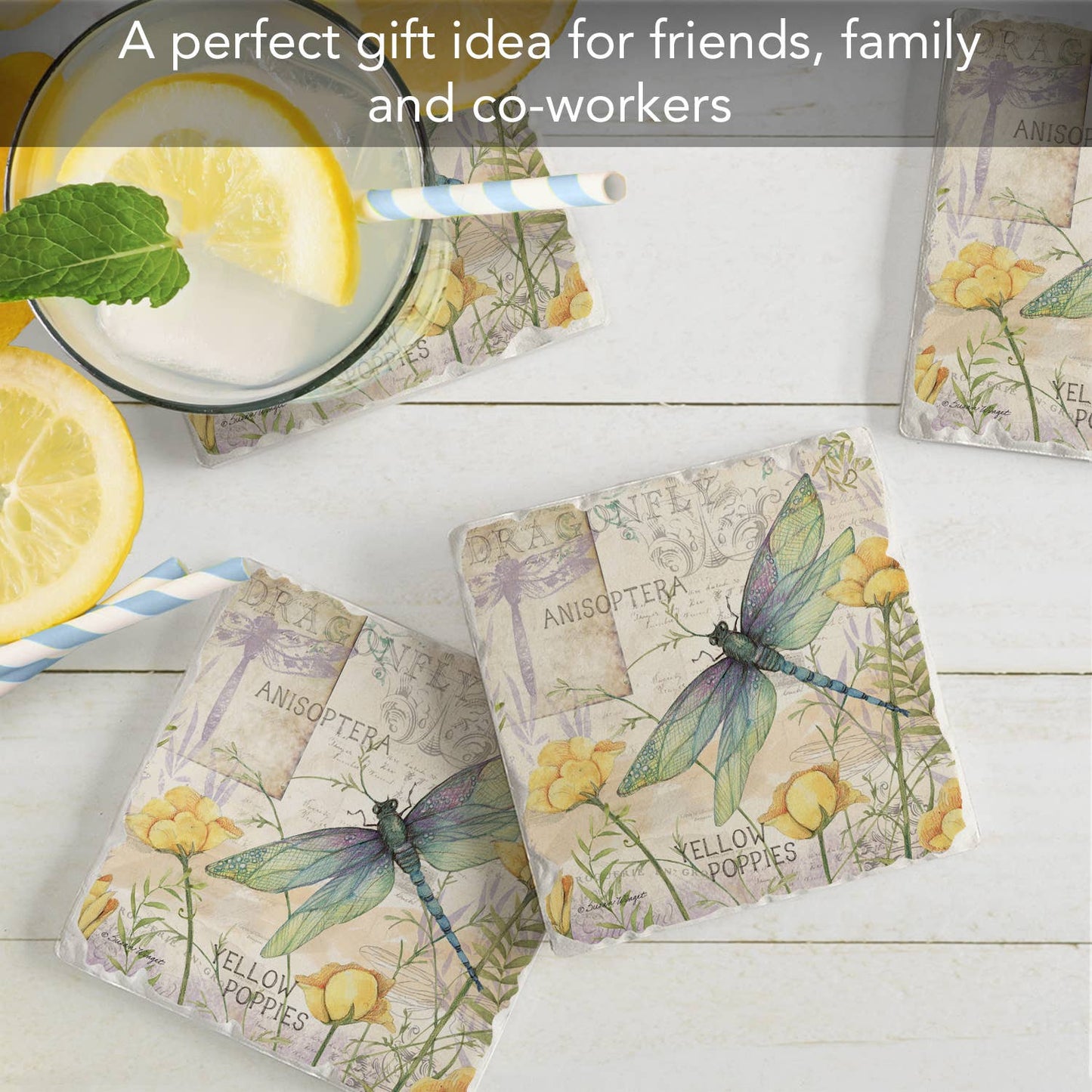 CounterArt/Highland Home/Thirstystone - "Dragonfly Poppies" 4 Pack Tumbled Tile Coasters